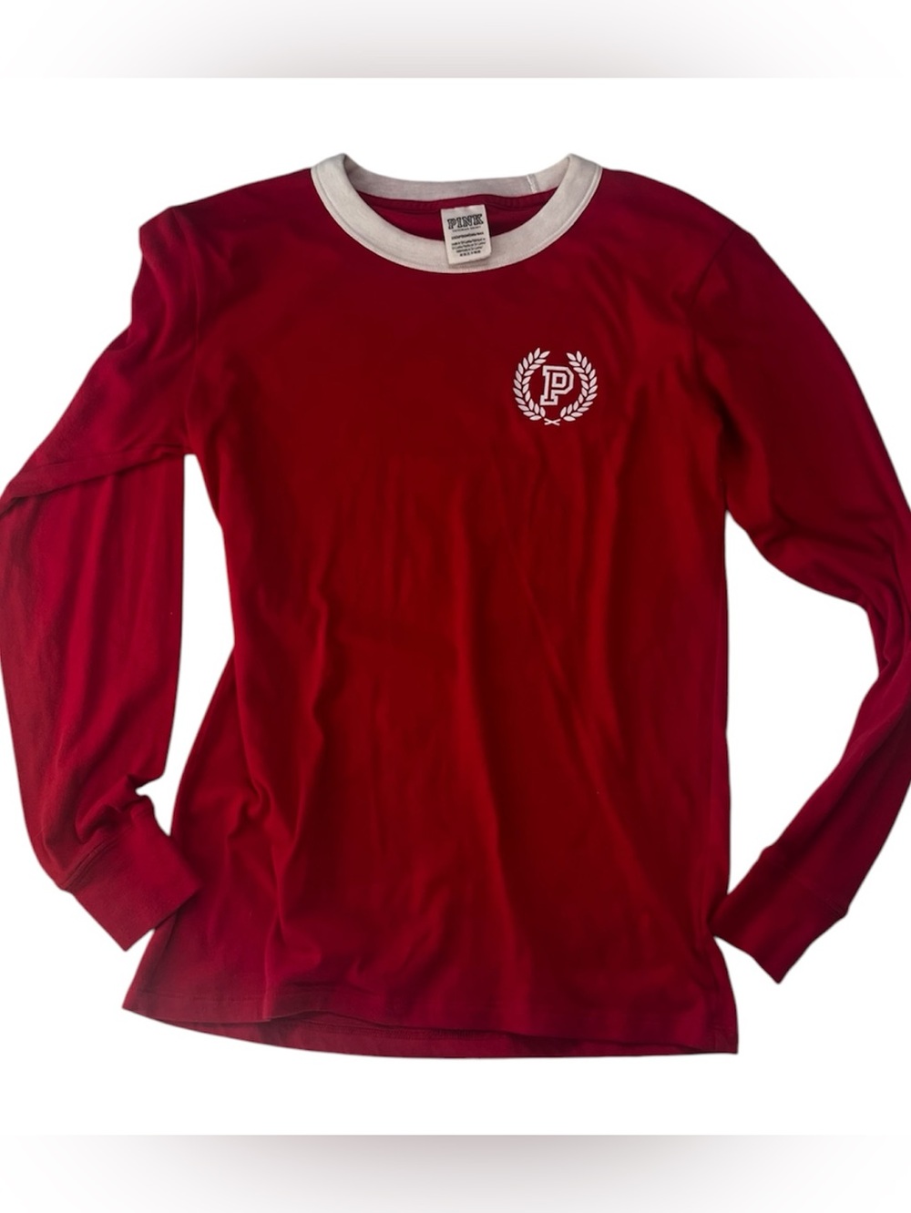 PINK Victoria's Secret Red T-Shirt with White Scoop Neck Collar Sz XS